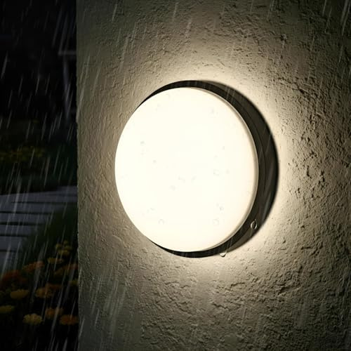 ANWIO Aplique Pared Exterior 14W, Apliques Pared Negro, Lámpara de Baño Redonda LED IP54,1400 Lúmenes, Luz Natural de 4000K, Lamparas de Techo para Pasillo, Zaguán,Cocina,Garaje,Taller
