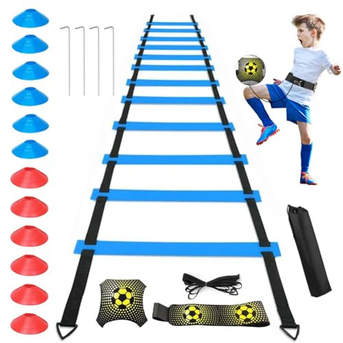 FARYODI Accesorios de entrenamiento de fútbol para niños, set de entrenamiento de fútbol con escalera de coordinación de 6 m, 12 conos de entrenamiento de fútbol. Set de entrenamiento de fútbol para