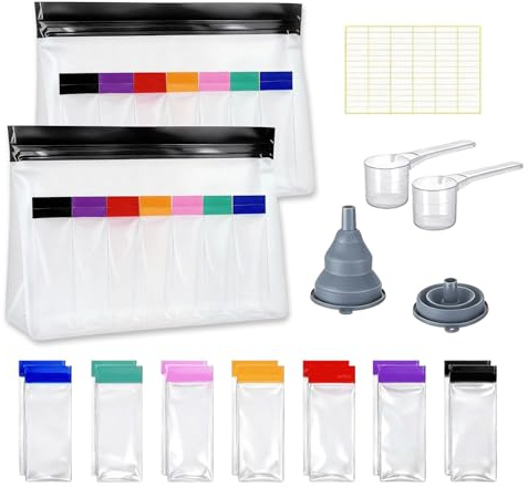 Solinorex Juego de 21 Envases para Proteínas en Polvo y Suplementos Alimenticios, Envases Reutilizables con Cuchara Dosificadora, Portátiles para Fitness, Viajes y Organización de Cocina