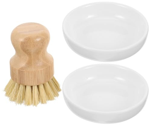 NUOBESTY Kitchen Brush Wood Handle and Ceramic Dish with Non-scratch Bristles for Cleaning Cutting Boards and Floors for Dishes and Pots in Bathroom or Laundry Room