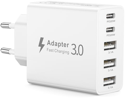 USB C Ladegerät 50W, 5 Ports Mehrfach Stecker mit 2 USB-C und 3 USB-A, Fast Charge PD 3.0 Power Adapter Kompatibel mit iPhone 17/16/15/14/13/12/11/Pro Max/XS/XR/8/7, Tablets, Samsung Galaxy Ultra26