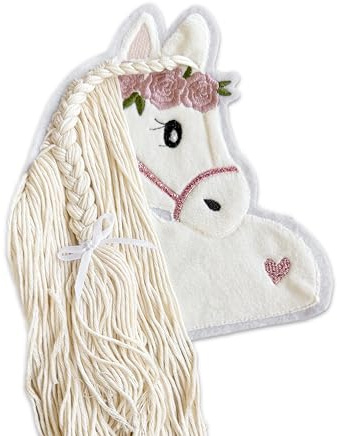 Applikation Pferd Schimmel mit Wollmähne Aufbügler für DIY Schultüte Zuckertüte Bügelbild Patch Bügelpatch Pferd Weiß Rosa Glitzer (Groß (15x17 cm))
