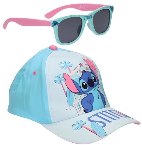 Disney Cars | Stitch | Mimmi Pigg basebollkeps och solglasögon | Hatt och solglasögon med UV 400-skydd för barn | sommartillbehörsset för strand och semester, Stygn – blå, Einheitsgröße