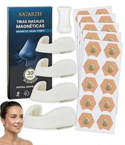 Katarzis® Tiras Nasales Magnéticas Reutilizables con Imán | Dilatador Nasal para Dormir y Deporte | Tira Nasal Magnética Antironquidos para Respirar Mejor por la Nariz. (kit completo)