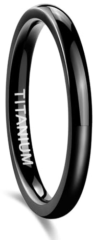 Grewod Anillo Titanio para Mujer y Hombre, Liso Pulido Negro 2mm Anillos Joyeria Matrimonio Compromiso Talla 29