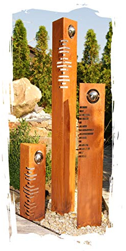 JH-Metalldesign Säulenset Modern Säulen Set Edelrost mit Edelstahl - Kugeln Rost Garten Dekoration Stele