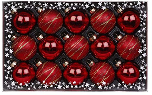 15 Weihnachtskugeln 6 cm mit Streifen - Motive Glas Dekor Geschenkbox Set Christbaumschmuck Weihnachtsdeko Weihnachtsschmuck Deko Weihnachten Kugeln Farbe: Rot Glanz matt