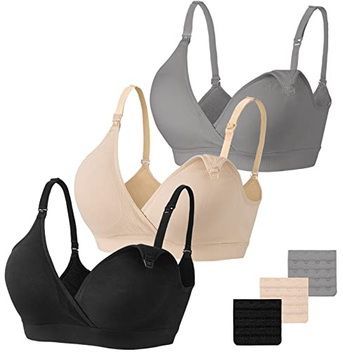 Vinfact 3 Pack Nursing Bras for Breastfeeding Seamless V Neck Maternity Bra Women Pregnancy Breastfeeding Bra - L,Black/Nude/Grey