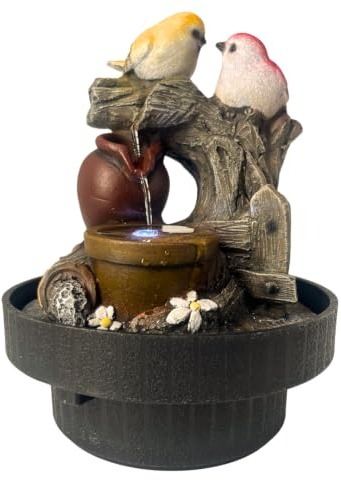 ABC Home LED Zimmerbrunnen Vögel – Dekorativer Tischbrunnen in Naturstein-Optik – Mini-Wasserfall aus Polyresin mit Beleuchtung – Beruhigendes Wasserspiel für Innen – 25 cm Hoch