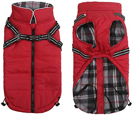 Warm Pet Dog Coats and Jackets for Dogs,Waterproof Reflective Pet Dog Harness Vest Winter Dogs Clothes with Chest Strap, Outdoor Walking Adjustable Chest Strap-Red-L