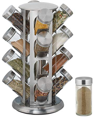 Relaxdays Gewürzkarussell, mit 16 Gewürzgläsern, 360° drehbar, Edelstahl, Glas, HxD 33 x 22 cm, Gewürzregal rund, silber