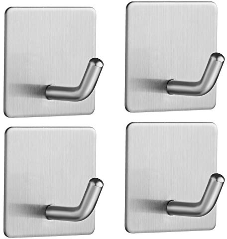 JS 4 Pieces Crochets Adhésif Crochet Mural Acier inoxydable Porte Serviettes pour cuisine salle de Anti-rouille Porte Serviette Famille Cuisine de Salle de Bain,Bureau Argent