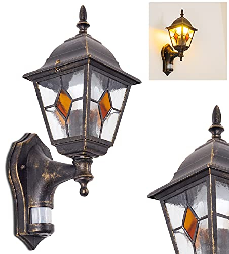 Wall lamp Antibes with Motion Detector, Wall Light Made of cast Aluminium in Brown/Gold with Clear Glass panes, Wall lamp for Terrace/Yard with E27 Socket in Antique Look, Without Bulbs