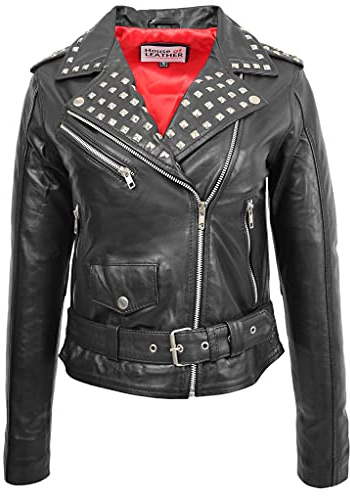 Chaqueta de piel auténtica para mujer estilo motorista clásica Brando con tachuelas de cuello Salma negro