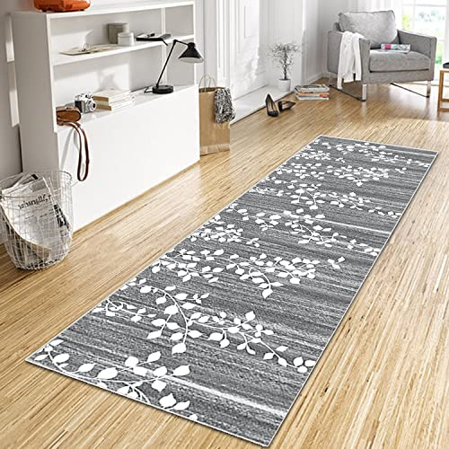 WTHYGB Teppich Läufer Flur Küche 40x120 cm, Modern rutschfest Waschbar Küchenläufer Flurläufer, Lang Polyester Blattmuster Grau Teppichläufer für Korridor, Schlafzimmer, Innen Wohnzimmer