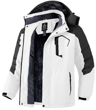 Wantdo Homme Veste de Ski Montagne Outdoor Manteau d'hiver Chaud avec Capuche Amovible Veste Imperméable Coupe-Vent Veste Randonnée pour Voyage Beige-Noir S