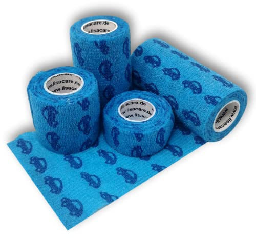 LisaCare Bandage selbsthaftend - elastisches Band - Bandagen selbstklebend - Kohaesive Fixierbinde - 4er-Set 2,5-10cm breit (Auto blau) | Bandagen selbstklebend - 4er-Set 2,5 - 10cm breit - Kohaesive Fixierbinde - Wundverband, Fixierverband, Pflaster