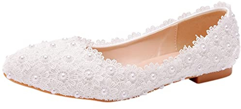 Jamron Dam eleganta spetsiga tår blomma spetstrimling pärlor brudskor pumps mjuk sula ballerinaskor, Vit spetspärlor, 38.5 EU