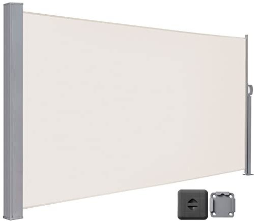LARMNEE Seitenmarkise mit Stahl-Kasten, ausziehbar, 190 x 450 cm, Rostbeständig, Windschutz, Sonnenschutz, Seitenrollo, Blickdicht, für Balkon, Terrasse, Garten, Beige EBE1945TBP02