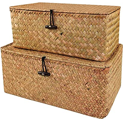 Aufbewahrungsbox Seagras Aufbewahrungskiste Dekobox Kosmetik Aufbewahrung mit Deckel Aufbewahrungskörbe aus Natürliche Praktische 2 Stück (L+ XXL)