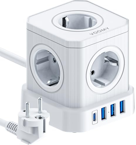 VOOMY 9-in-1 Cubo Multipresa con USB, Multipresa Elettrica con 3 USB-A, 1 C e 5 Prese, 4000W Presa Multipla con Interruttore e Protezione Sovratensione, Power Cube con Cavo 2 Metri, Bianco
