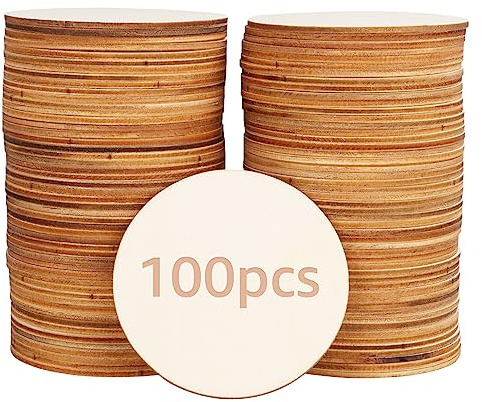 SHUESS 100 Pcs Wooden Discs for Crafts 8 cm - Unfinished Wooden Circles 3 Inch - Plain Natural Blank Wood Discs for Painting, Craft, DIY Projects Tags and Ornaments - 2.5mm Thick