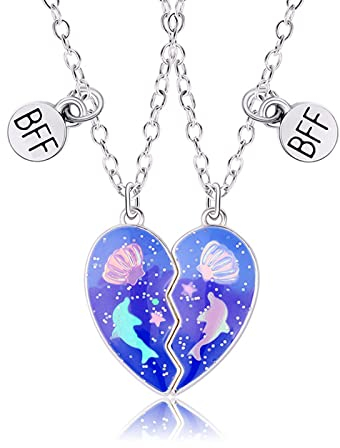 Hifot 2 Stück Halskette Damen Silber Freundschaftskette, Bff Ketten für 2 Mädchen, Kette Herz Anhänger, Blau Delfin Muschel Halskette Lang für Frauen Freundin Geschenk Personalisierter Schmuck