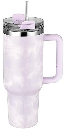 Vaso aislado de acero inoxidable de 40 onzas con popote y tapa, para automóvil, deportes al aire libre, regalo de viaje, botella de agua térmica de 1200 ml, teñido anudado morado