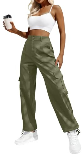 Women Wide Leg Cargo Pants High Waisted Straight Long Trousers Army Green