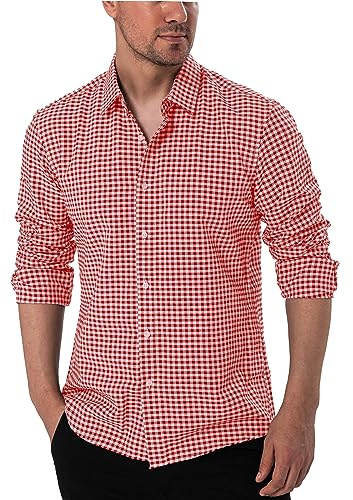 Manwan walk Men's Plaid Button Down Shirts Slim Fit Long Sleeve Casual Business Shirts Red/White L