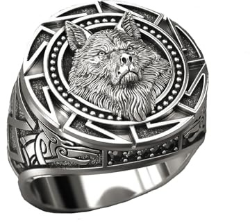 MAGIIE Fantaisie Bijoux Bague Homme en Acier Inoxydable,Bague Homme Style Viking Tête de Loup,Bague Chevaliere Homme,Bague Argent Bague Grand pour Homme Garcons (Argent, 64)