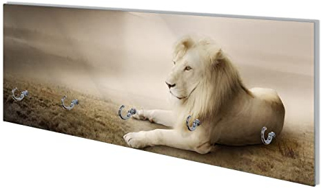 Wallario Wandgarderobe aus Glas in Größe 80 x 30 cm mit Memoboard-Funktion, Motiv: Stattlicher ruhender Löwe in Afrika in Sepiafarben | 5 Kleiderhaken zum Aufhängen von Jacken