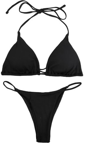 Wisebom Costume da Bagno Donna Triangolo Imbottito Costumi da Mare Due Pezzi Halterneck Swimwear Triangolo e String Bikini Nero (IT, Testo, S, Regular, Regular, Nero)