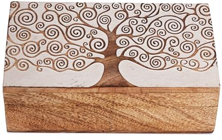 Ajuny Scatola Portaoggetti Decorativa Artigianale in Legno con Albero Della Vita Design Bianco Multiuso Organizer da Viaggio Portaoggetti Porta Orologi Regali 8x5 Pollici