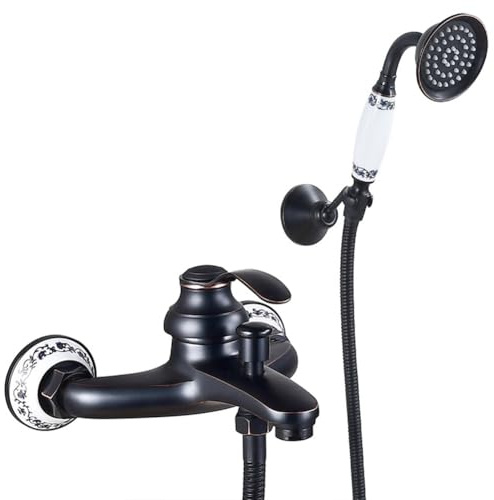 Badewannenarmatur Badewanne Wasserhahn Retro Vintage Stil Messing Wandmontage Einhand Wannenbatterie Badewannen Armatur Mit Handbrause Badewanne Mischbatterie Duscharmatur, Schwarz