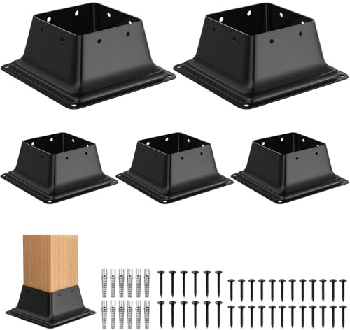 FMhotu 4x4 Post Base 5Pcs,Heavy Duty 4x4 Post Bracket Fit 3.5x3.5 Standard Lumber, Steel Deck Post Base for Deck Porch Handrail Railing Support with Screws