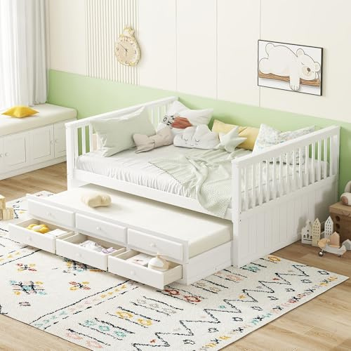 Azkoeesy Bett 140 x 200 cm mit Ausziehbett und 3 Schubladen, Doppelbett, Funktionsbett, Kinderbett, Tagesbett, Gästebett, Jugendbett, mit Lattenrost und Stauraum, Weiß