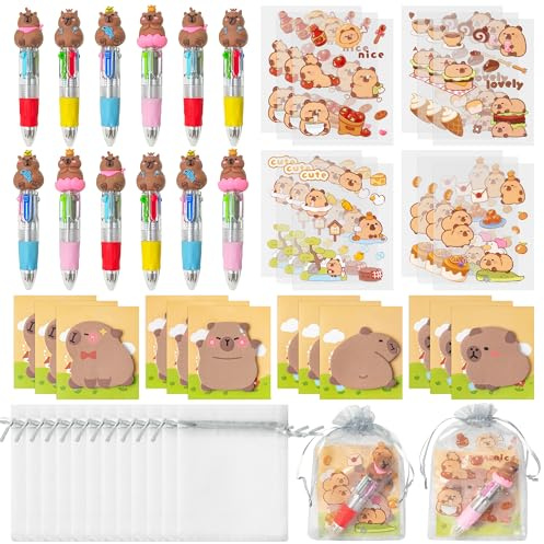 CY2SIDE Capybara Stationery Party Gift – Set di 36 articoli di cancelleria Capybara, include penne a sfera 4 in 1, foglietti adesivi e organza Capybara, bomboniere, riempitivi per sacchetti per la