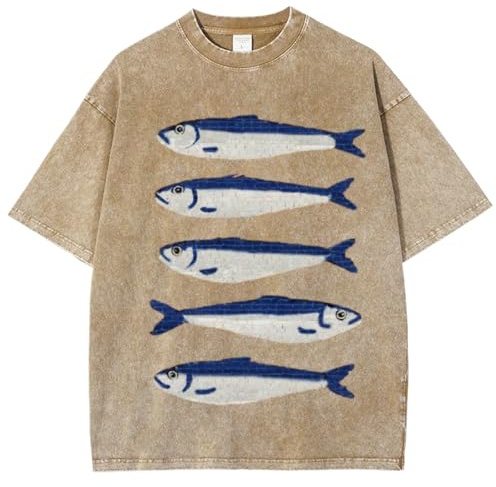 TYATVS Women Oversized Graphic Tee Fisherman Core Aesthetic Y2k Grunge Fish Print T-Shirts Streetwear Summer 2025 (Khaki,Medium)
