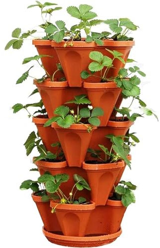 Maceta de fresas apilable vertical multicapa para hierbas, maceta de plástico con bandeja para balcón y jardín