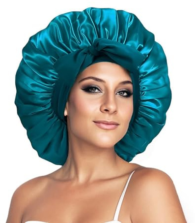 iLamvie Bonnet Satin Cheveux Nuit, Bonnet En Satin, Pour Femmes Cheveux Longs Cheveux Bouclés, Large Bande Ajustable Bleu