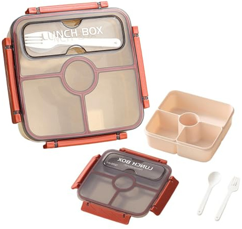 ZHUIYIWIN Fiambrera Bento, loncheras Bento reutilizables con 4 compartimentos para niños y adultos para la escuela, recipientes divididos de almacenamiento de alimentos Con tenedor y cuchara, Rojo