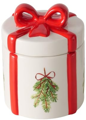 Miss Lovely Weihnachtliche Keksdose aus Keramik – Geschenkbox mit roter Schleife & Tannenzweig – Handgearbeitet – 300 ml Vorratsdose für Plätzchen, Süßigkeiten & Deko