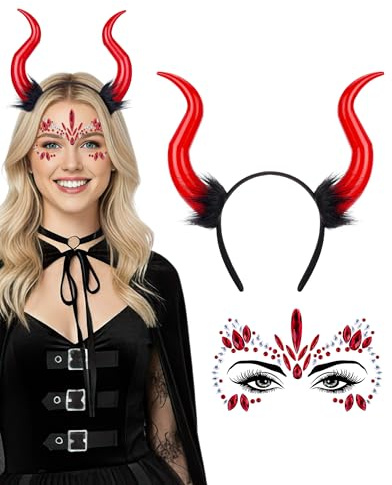2 Stück Teufelshörner Dämonische Hornbänder Rote Gesichtsjuwelen für Teufel Kostüm Damen Halloween Faschingskostüme Karneval Party Frauen Cosplay Renaissance Renfaire