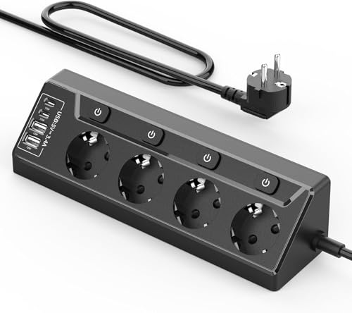Inhwatek grenuttag enskild omkopplingsbar flera uttag – 4 fack flera uttag med USB, 8-i-1 Power Strips bordsuttag med 2 m kabel, för hem och kontor, 16 A, 3680 W (svart)