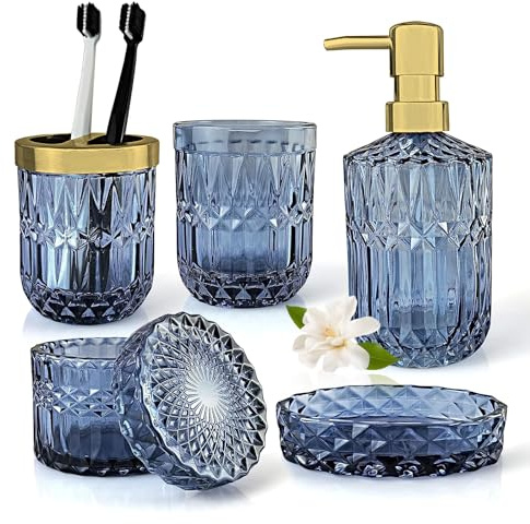 5 Stück Blaues Glas Badezimmer Zubehör Set, Glas Badezimmer Accessoires Set von Lotionspender,Seifenschale,Zahnbürstenhalter,Becher,Wattestäbchen Badezimmer Deko Set für Modernes Bad,Vintage Geschenk