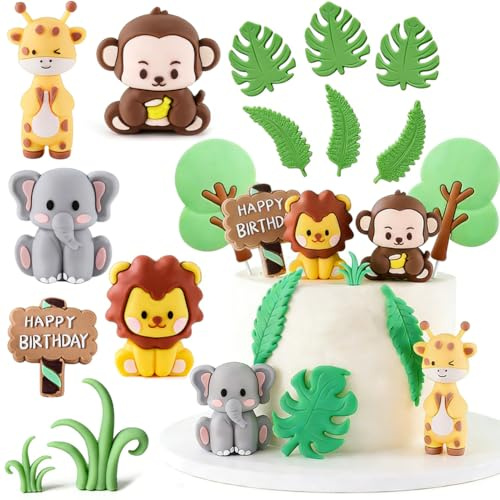Jungle Animal Birthday Figures Cake Decoration 15Pcs 3D Cartoon Safari Animal Cake Topper Giraffe Lion Elephant Monkey Snail Cake Decoration Cupcake Topper for Baby Shower Kids Birthday Party