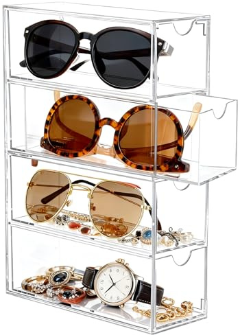 Sonnenbrillen Aufbewahrung Acryl mit 4 Brillenorganizer Brillenständer für Mehrere Brillen Transparentes Brillenhalter Stapelbar Brillenablage für Uhren Ketten Brillen Kosmetika Lesebrillen Brillenbox