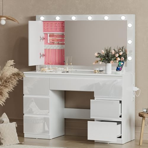TRIUMPHKEY Schminktisch Hochglanz Weiß mit Große Spiege und LED-Beleuchtung,120x40x140cm,Frisiertisch mit 7 Schubladen,Steckdose,Schmuckschrank,für das Schlafzimmer