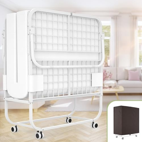 Unikito Folding Bed with Mattress for Adults, 75 x 31 Cot Size Portable Rollaway Guest Bed with Memory Foam Mattress and Metal Frame on Wheels, Space-Saving Foldable Design, White